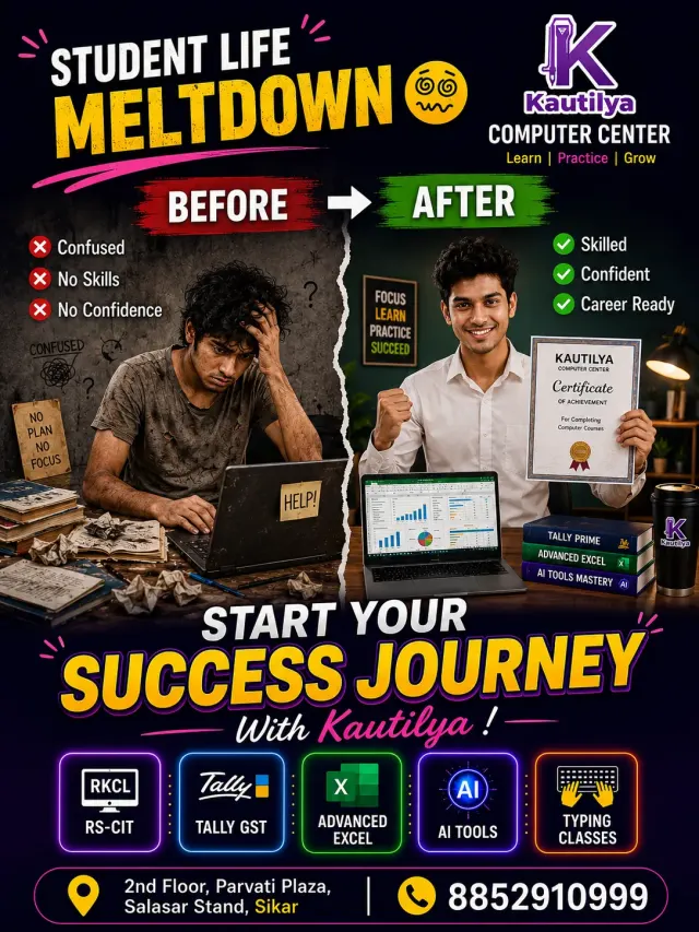 Kautilya Computer Center Sikar का student success journey poster जिसमें before और after concept दिखाया गया है। Before side में confused student है और after side में skilled, confident और career-ready student certificate के साथ दिखाई दे रहा है। Poster में RS-CIT, Tally GST, Advanced Excel, AI Tools और Typing Classes जैसे practical computer courses highlight किए गए हैं। Address: 2nd Floor, Parvati Plaza, Salasar Stand, Sikar. Mobile: 8852910999.