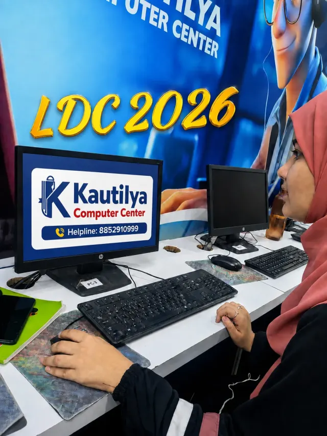Female student practicing on a desktop computer for LDC 2026 preparation at Kautilya Computer Center in Sikar.