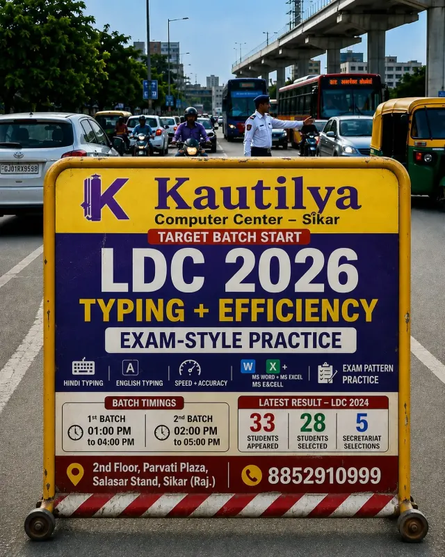 Kautilya Computer Center Sikar LDC 2026 Typing and Efficiency target batch poster with Hindi English typing, Word Excel efficiency, batch timings and LDC 2024 result.