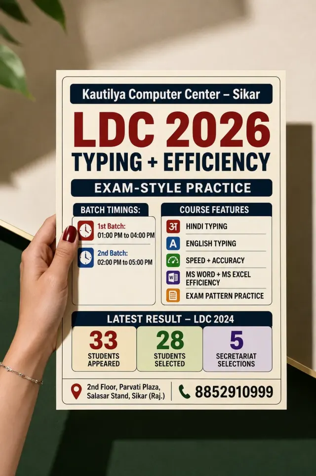 LDC 2026 Typing and Efficiency Classes in Sikar at Kautilya Computer Center with Hindi typing, English typing, MS Word, MS Excel and exam-style practice.