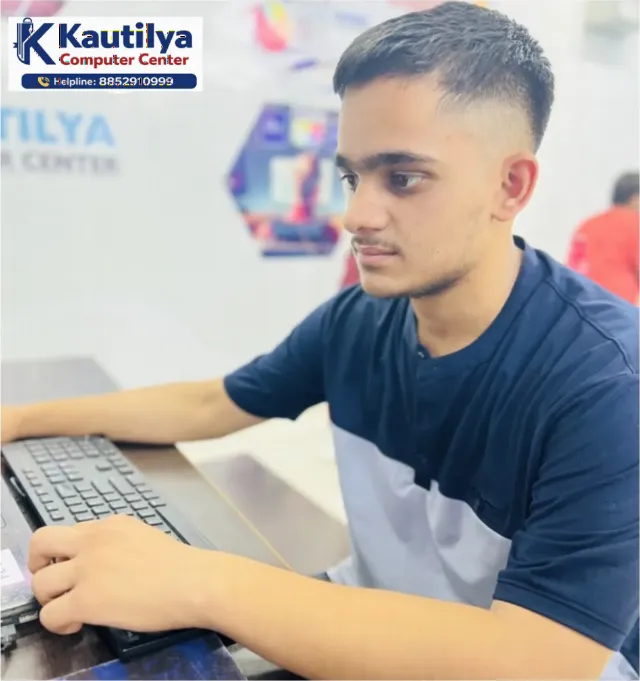 Student concentrating on computer work during a skill-learning session at Kautilya Computer Center near Salasar Stand in Sikar