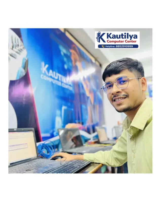 Student using a computer during hands-on learning at Kautilya Computer Center, Salasar Stand, Sikar