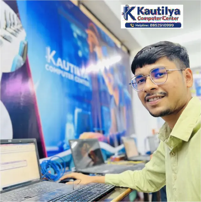 Student using a computer during hands-on learning at Kautilya Computer Center, Salasar Stand, Sikar