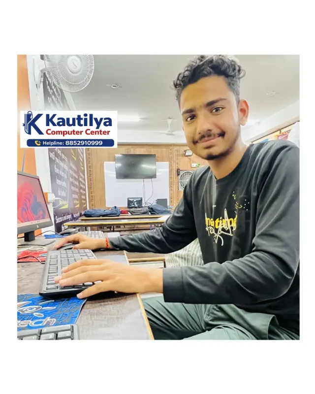 Student practicing computer skills on a desktop system at Kautilya Computer Center in Sikar