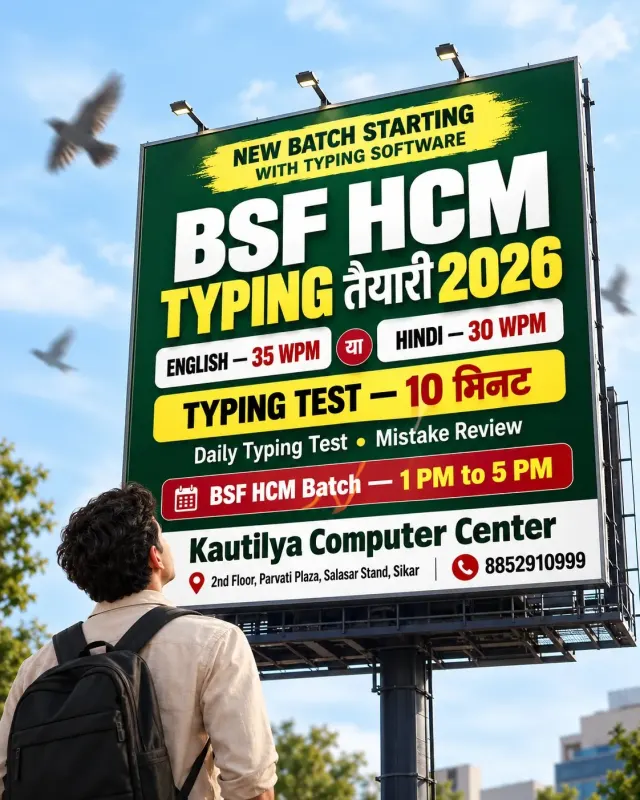 BSF HCM Typing 2026 batch poster in Sikar showing English 35 WPM, Hindi 30 WPM, 10-minute typing test, daily test and mistake review at Kautilya Computer Center